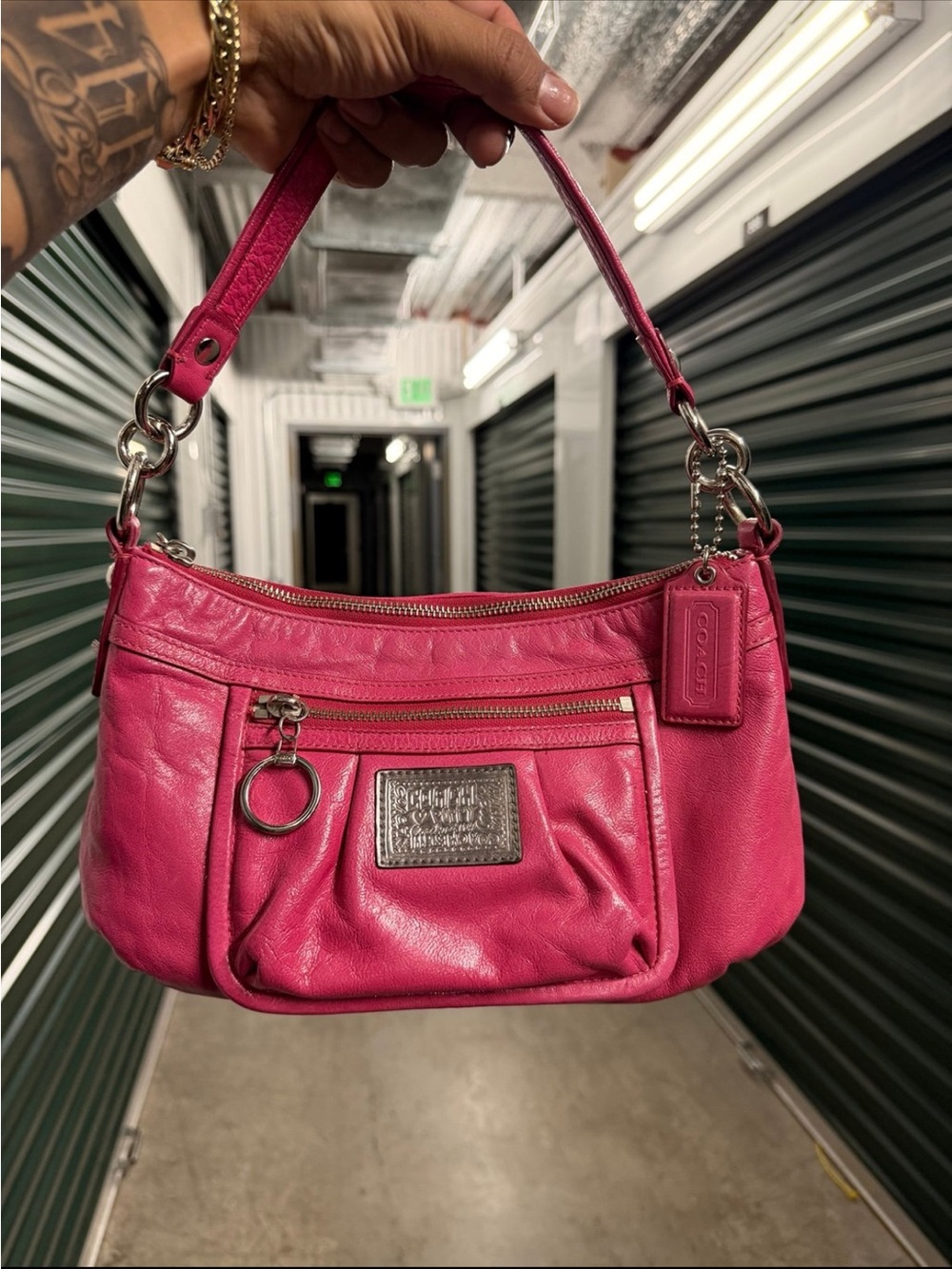 Coach Poppy Leather Shoulder Crossbody Bag Fuchsia Pink Silver Hardware Y2K